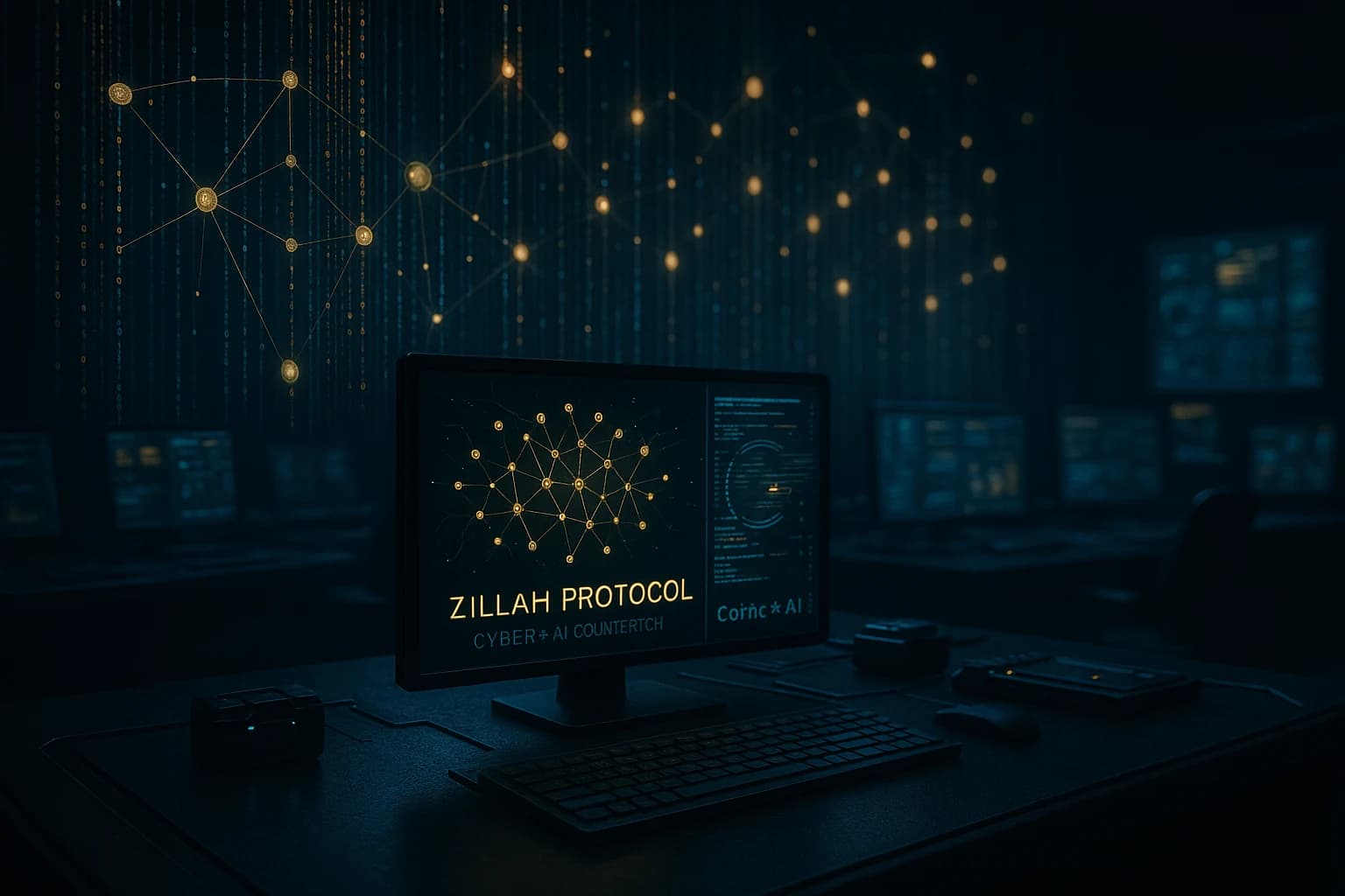 Dark technical workspace with secure data interface and blue-gold lighting