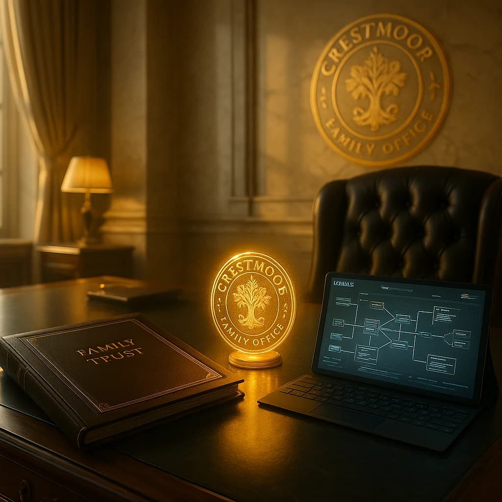 Elegant private office with warm gold lighting and executive technology