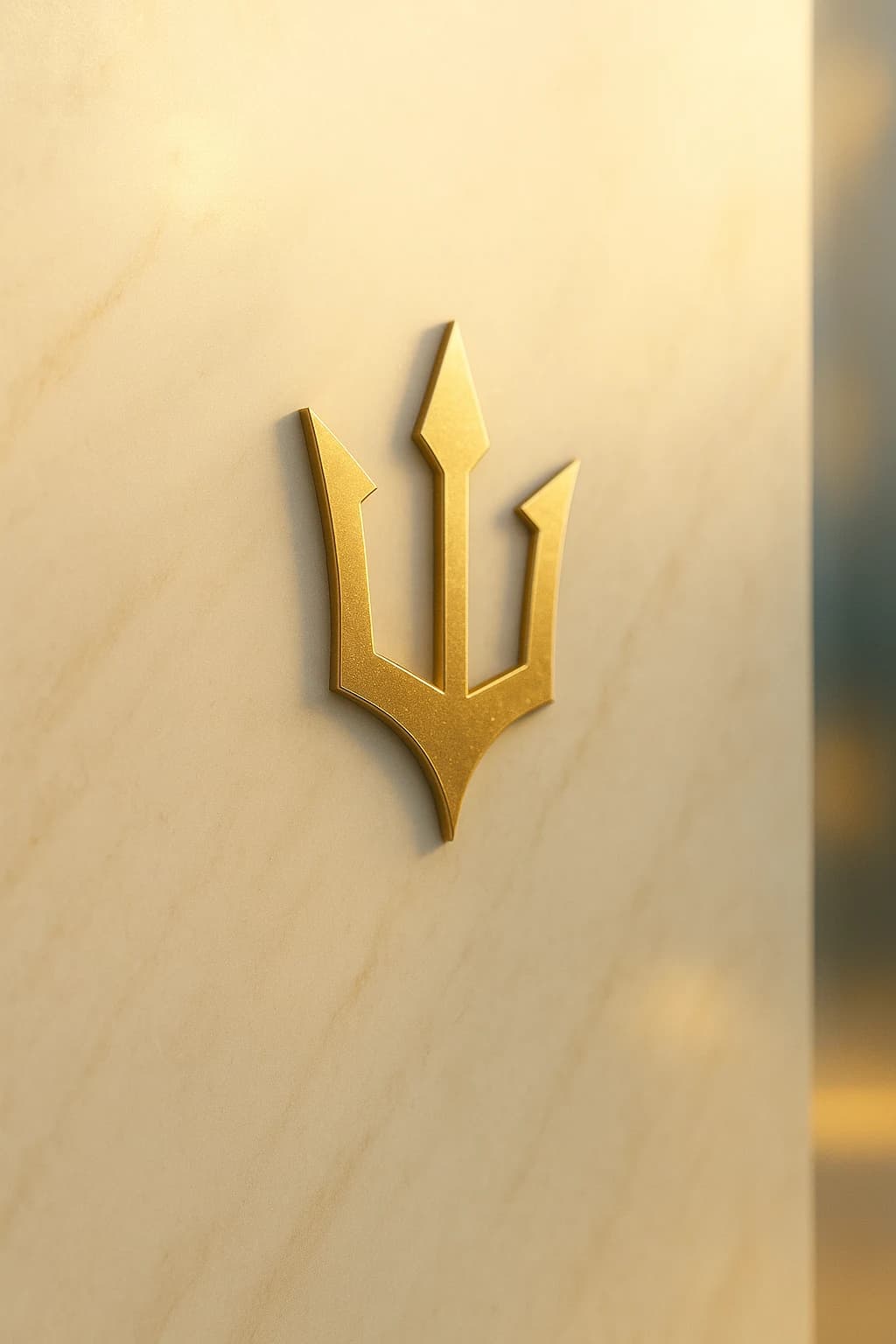 Gold geometric Crestmoor-style emblem on a warm ivory architectural wall